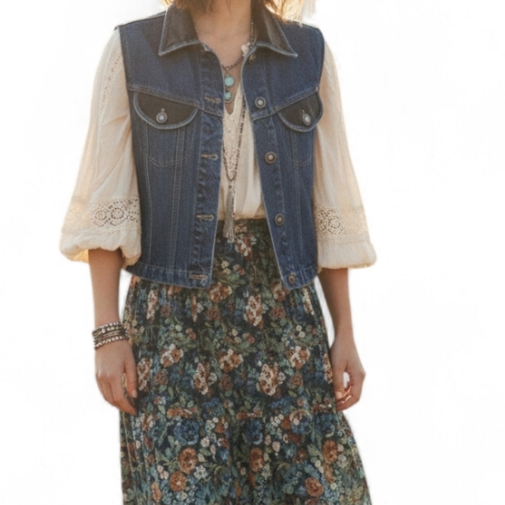 Cache Vintage Denim & Black Leather Trim Vest Moto Biker Cropped Jean Jacket Sz